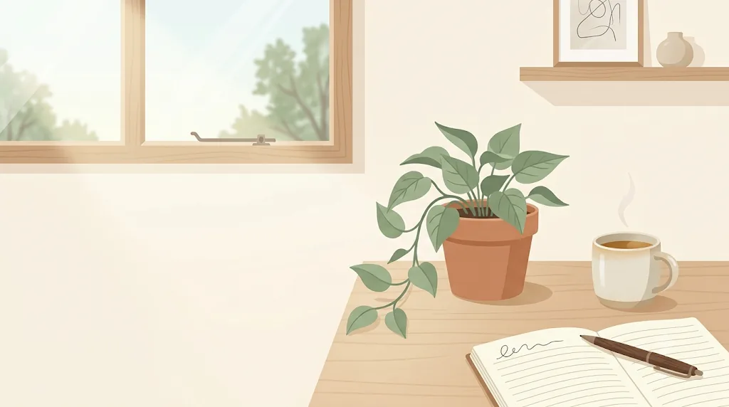 朝の光がさすデスクと観葉植物